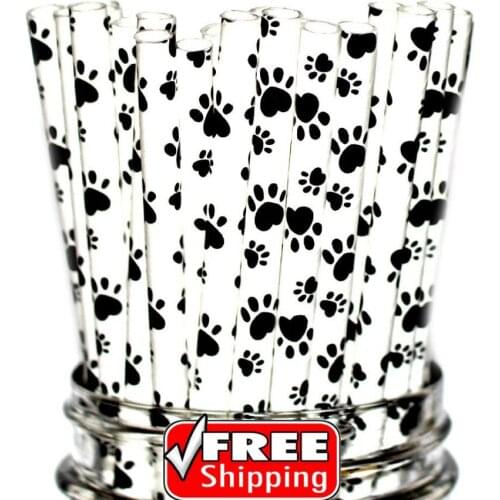 200pcs Black Paw Print Paper Straws-Cat Giraffe Animal Puppy Dog Tails Drinking Paper Straws-Kid Birthday,Baby Shower Cute Fancy