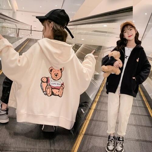 2021 Autumn Teen Girls Fashion Zipper Hoodies Cartoon Bear Loose Cotton Tops Jackets 10 11 12 13 14 years Girl