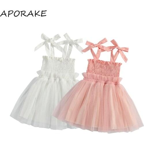 2021 0-4Y Princess Kids Baby Girls Dress Bow Bandage Solid Color Pleated Slim Top Tulle Pegeant Party Sundress For Birthday