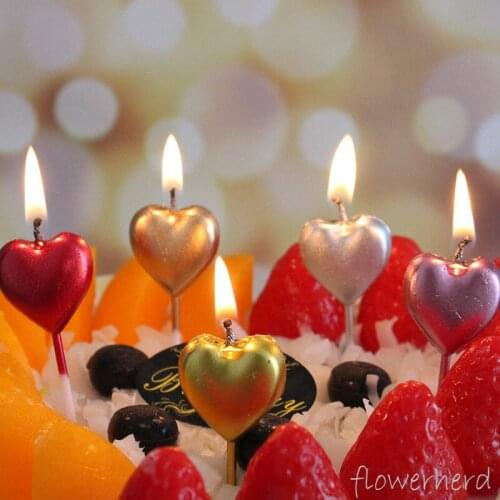 6pcs Heart Shaped Candle Valentines Day Cake Decoration Party Birthday Kids Cupcake Toppers Decors Supplies Dessert Golden