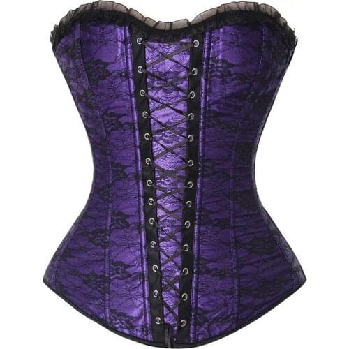 Burlesque Sexy Womens Boned Lace up Back Overlay Overbust Corset Zip up Side Bustier Lingerie Gothic Underwear plus Size S-6XL