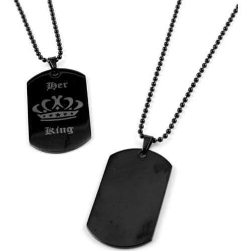 King Queen Engraved Letters Black Dog Pendant Necklace Stainless Steel Bead Chain Necklace Couple Valentines Day Gift