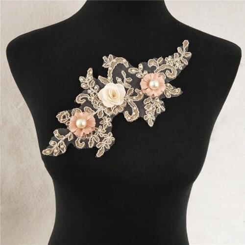 New arrive Lace embroidery patches Handmade Flowers with Pearl Applique for DIY Wedding dress Sewing Craft Supplies Scrapbooking