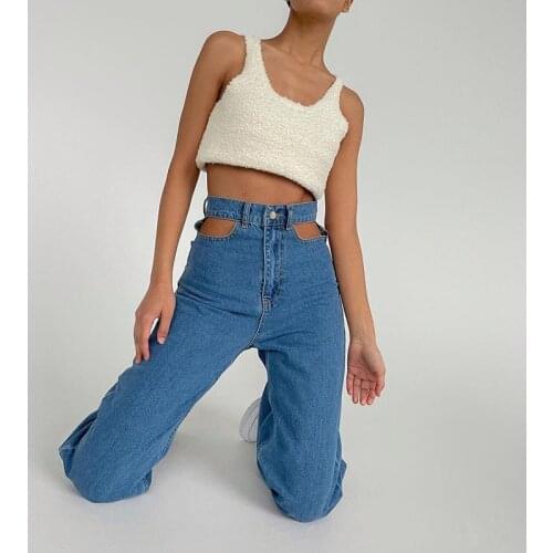 COKAGO Hollow Out Jeans Woman High Waist Pants Cotton Blue Straight Leg Denim Pants For Girls Womens Fashion Jeans Harajuku