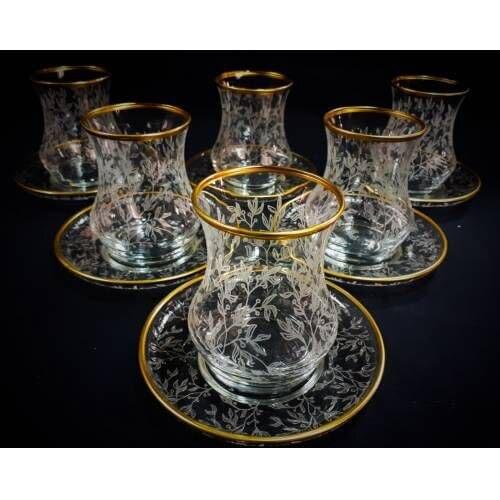 Eda Ivy Patterned Gold 12 Piece Tea Glass Tea Plate Tea Set