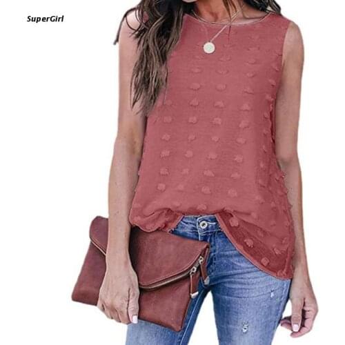 J78E Women Summer Sleeveless Crewneck Tank Top Double Layer Chiffon Mesh Casual Tunic Vest Embroidery Swiss Dot Blouse Shirts