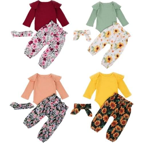 FOCUSNORM 0-24M Newborn Baby Boy Girl Clothes Sets Ruffles Long Sleeve Romper Tops Floral Pant Headband 3PCS