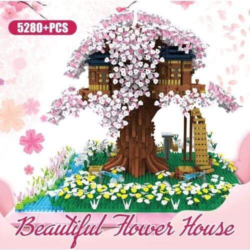 5280P+ Tree House Architecture Blocks Dream Romantic Sakura Home 3D Model DIY Flower Mini Building Small Brick Toy For Children