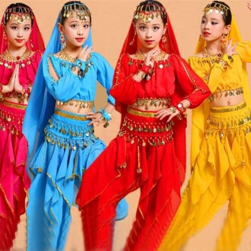 Long Sleeve Children Belly Dance Costumes for Girls shirt Oriental Stage Dancing Costumes Set Girl Indian Dance Dress Suit 5PCS