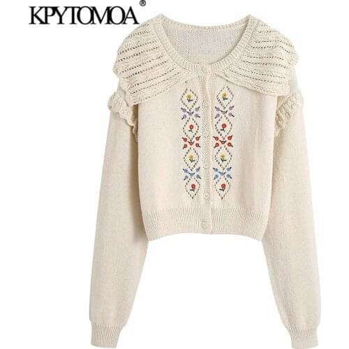 KPYTOMOA Women 2021 Fashion Floral Embroidery Ruffled Crop Knit Cardigan Sweater Vintage Long Sleeve Female Outerwear Chic Tops