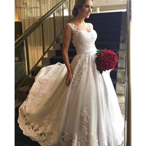 Vestido De Noiva Lace Wedding Dresses 2020 Appliques Beaded Sequins Corset Back Sweep Train Plus Size Wedding Gown Bride Dress