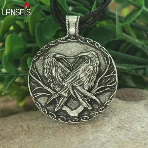 Lanseis 10pcs ginn and Muninn,Thought and Memory Odins crows pendant vking rave men necklace two black bird charm