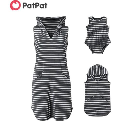 PatPat 2020 New Summer Hooded Striped Tank Dresses for Mommy and Me Matching Outfits Mommy and Me Dresses