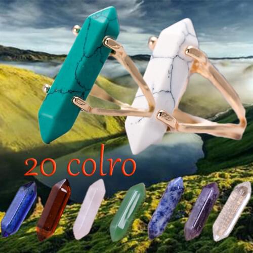 Hexagonal Prism Ring Natural Chakra wand Stone Crystal Rock Quartz Healing Point Charm Gold Plated Reiki Specimen Handmade