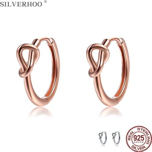 SILVERHOO Genuine 925 Sterling Silver Romantic Heart Knot Hoop Earrings For Women Simple Circle Small Earring Handmade Jewelry