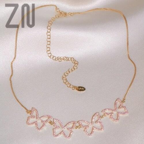 ZN Fashion Jewelry Sweet Inlay Pink Rhinestone Butterfly Shaped Pendant Necklaces Cute Clavicle Chain Chokers Valentines Gifts