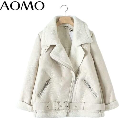 AOMO Women beige fur faux leather jacket coat with belt turn down collar Ladies 2019 Winter Thick Warm Oversized Coat 5B01A