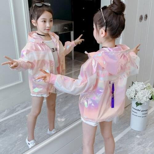3-14 years Autumn children clothing Hooded girls pink jacket coat fashion Reflective Bright Shiny Sun protection clothes gift
