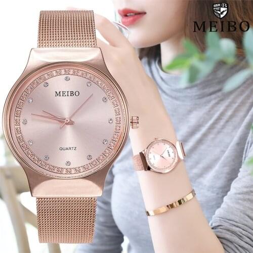 MEIBO Top Brand Ladies Watch Elegant Ultra-thin Rhinestone Ladies Watch Quartz Watch Alloy Mesh Belt Clock Reloj Mujer 2020