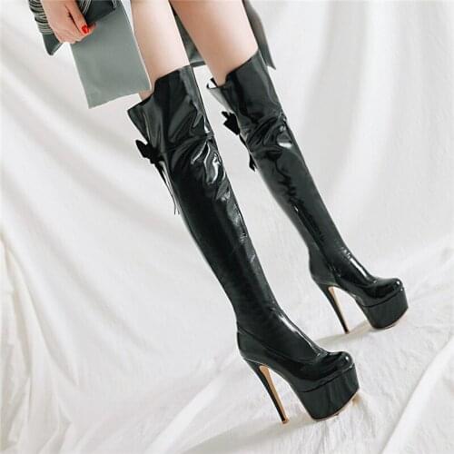 YMECHIC Ladies Extra High Heel Platform Gothic Shoes Black Red Patent Leather Butterfly-knot Overknee Long Party Over Knee Boots
