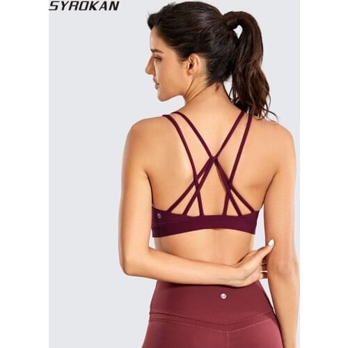 SYROKAN Womens Cute Yoga Bras Wirefree Sports Bras Strappy Sexy Back Padded Low Impact Workout Bras Tops