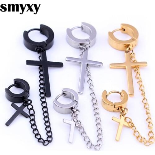1 piece Punk Men/Women Stainless Steel Earrings Metal Chain Double Cross Pendant Ear Buckle Earrings New Pop Hip Hop Jewelry