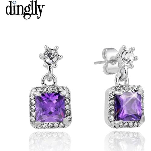 Dinglly Purple Square Crystal Charms Stud Earring For Women Girls Circular Buckle Fine Butterfly Charm Earrings Couple Gift