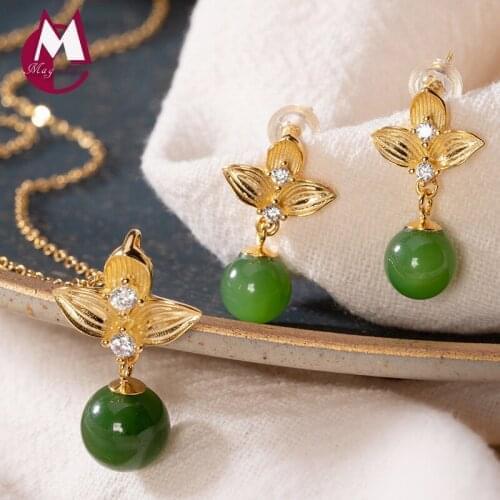 Women Set 100% Real 925 sterling silver Gold Plated Jasper Bead Necklace Pendant Earing African wedding jewelry sets 2019 S05