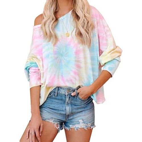 2020 New Slant Collar Loose Casual Fashion Womens Milk Silk Fleece Lantern Sleeve Long Sleeve Top Tie Dye Printed T-Shirt