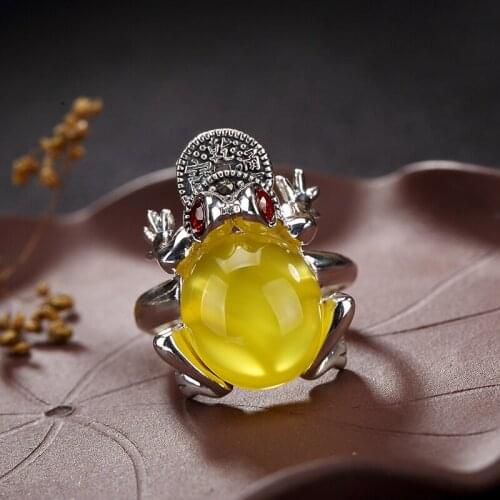 Anel Feminino Sterling Antique Mosaic Jade, Pomegranate Corundum Lady Inviting Money, Golden For Frog, Opening Ring Wholesale