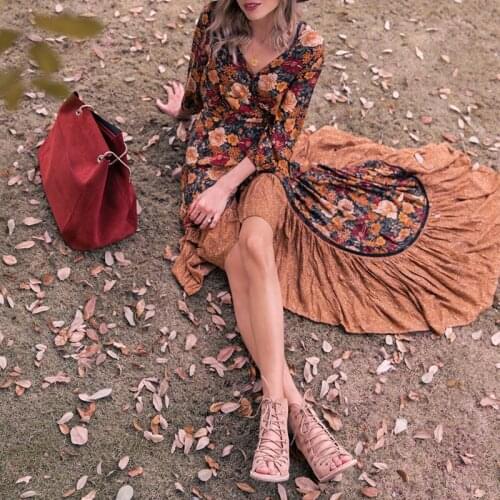 DUISNENA long boho dress floral Print women dresses Irregular hemline v-neck khaki holiday robe dress vestidos