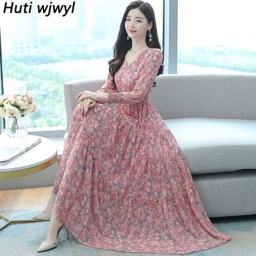 Plus Size Print Boho Beach Maxi Sundress 2021 Floral Chiffon Midi Dress Spring Autumn Vintage Women Bodycon Pink Party Vestidos