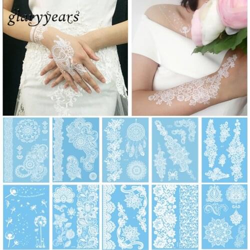 10 Pieces White Tattoo Temporary Sticker Flower Lace Design Bride Arm Chest Body Art Bracelet Choker Tattoo Sticker Wedding 2019