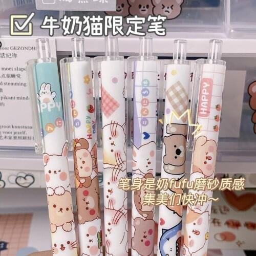 3/6PCS Milk Cat Series Press Gel Pen 0.5 Student Office Supplies Kawaii Black Press Pen