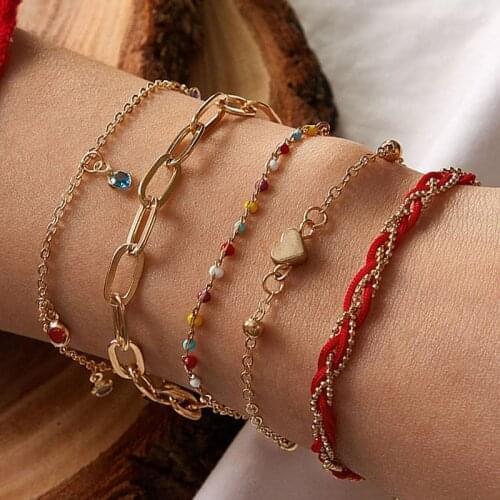 5 Pcs/Set Link Chain Crystal Beads Tassel Bracelets Set for Women Colorful Small Bead Bracelet Boho Womens Braclet Hand Jewelry