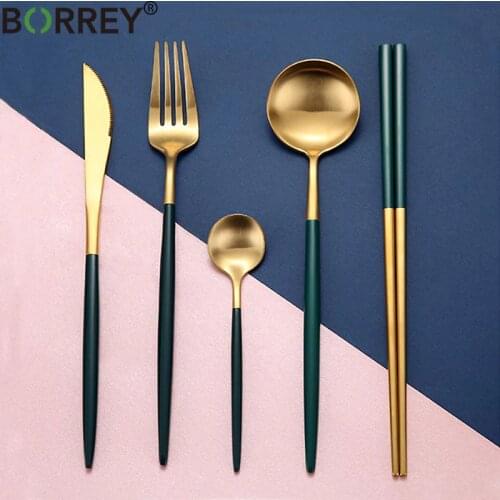 BORREY 5Pcs/Set Black Gold Cutlery Set Stainless Steel Steak Knife Fork Spoon Chopsticks Dinnerware Set Rose Gold Flatware