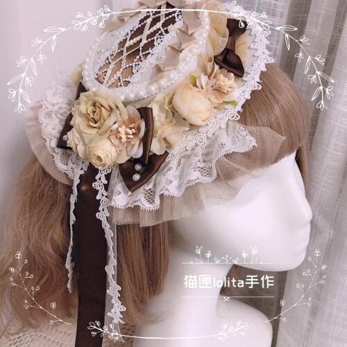 Elegant Gorgeous lolita Headwear Handmade tiramisu Macchiato brown brown Lace Bowknot Ribbon Small Top hat Side clip Headdress