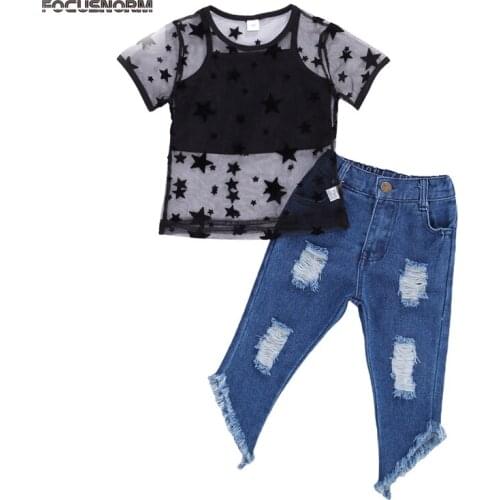 FOCUSNORM Fashion Baby Girls Clothes Sets 1-6Y Strap Vest + Star T-Shirt + Denim Ripped Pants With Irregular Legs Suits