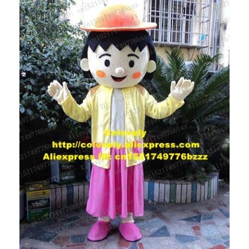 Beauty White Momoko "Maruko" Sakura Mascot Costume Mascotte Cartoon Character With Short Black Hair Pink Shoes No.4159 Free Ship