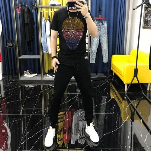 Colorblock Handsome Mens T-Shirt Head Summer Luxury Slim Fashion Tracksuit Diamond Sets Brand Short Sleeve Jogging