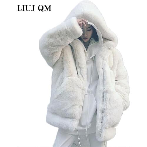 2021 New Winter Faux Fur Coat Women High Quality Korean Loose Imitation Rex Rabbit Fur Coat Plus Size Thick Warm Hooded Jacket