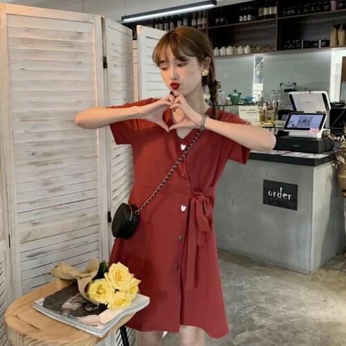 New Summer Dresses Women Casual Red Slim Waist Lace Love Button Short Sleeve Dress Female Party Holiday Sundress 2021