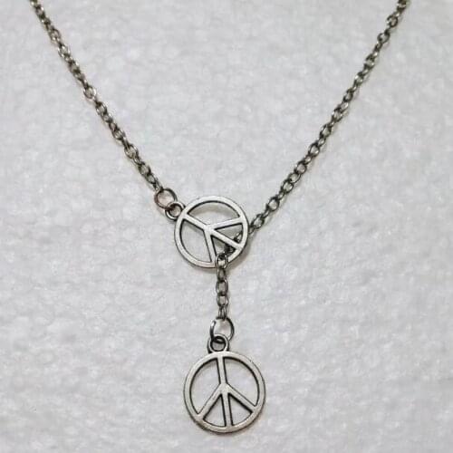 New Vintage Double Hollow Peace Sign Symbol Cross Lariat Pendant Adjustable Necklace Jewelry Gift for Women Men