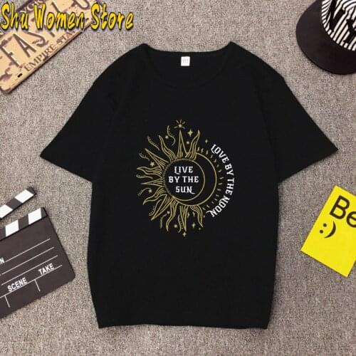 Plus Size Summer T-shirt Sun Moon Letters Print TShirts Womens Clothing 100%Cotton O Neck T Shirt Short Sleeve Tee Black Top
