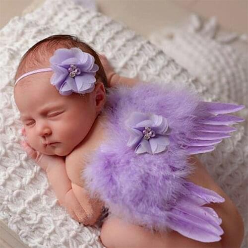 Girl Newborn Baby Kids Flowers Feather Lace Headband & Angel Wings Photo Prop