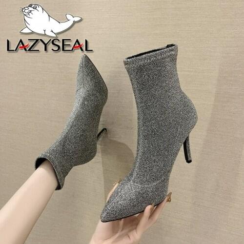LazySeal 9cm Super High Heels Sock Boots Women Shoes Pointed Toe Bling Sequined Stiletto-heel Shoes Woman Ladies Winter Boots