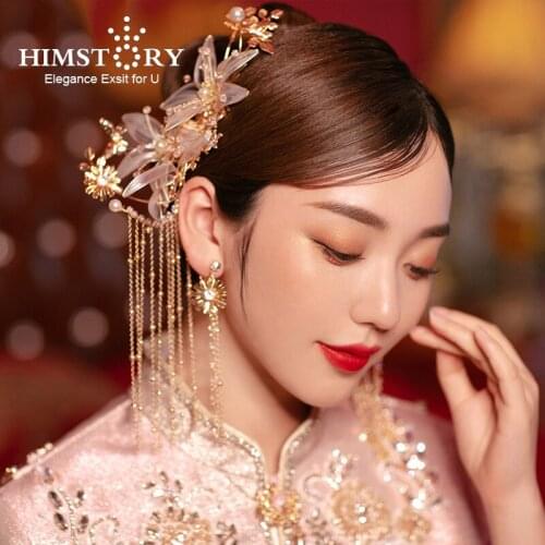 HIMSTORY Chinese Tiara Flower Pearl Hair Accessories Tassel Hair Barrettes for Bridal Headpiece Wedding Party Jewelry