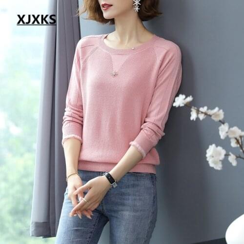 XJXKS 2021 spring autumn new solid color all-match women sweater high elasticity casual women wool sweater pullover