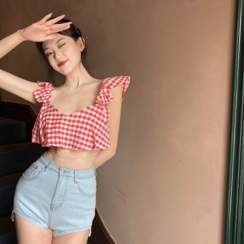 Plaid Camisole Women 2021 Summer Fashion New Ruffled Splice Sweet Sexy Suspenders Crop Tops