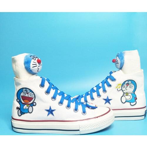 Japanese Womens Canvas Shoes High-top Hand-painted Graffiti Student Cute Doraemon Women Sneakers Couple Casual Shoes